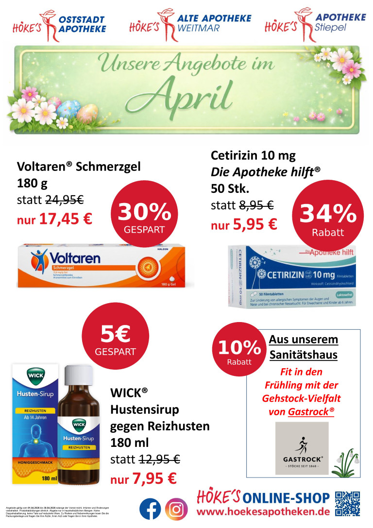 Angebote April 2026 mit Voltaren Schmerzgel, Cetirizin, WICK Hustensirup und Sanitätshaus-Rabatt Angebote April 2026: Voltaren Schmerzgel, Cetirizin Tabletten, WICK Hustensirup und Sanitätshaus-Aktion