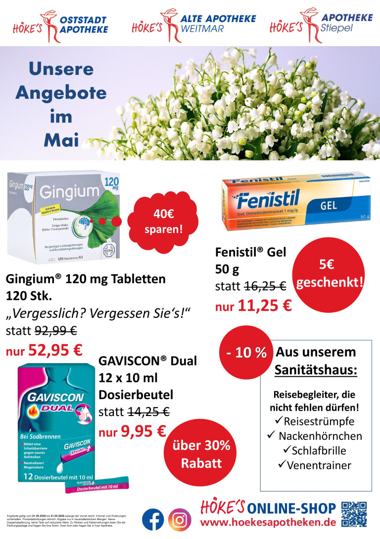 Angebotsplakat Mai 2026 mit Sonderangeboten für Gingium Tabletten, Fenistil Gel und Gaviscon Dual sowie Rabattaktionen aus dem Sanitätshaus