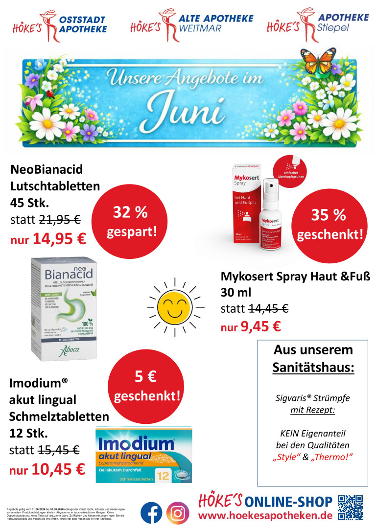 Angebotsplakat Juni 2026 mit Sonderangeboten für NeoBianacid Lutschtabletten, Mykosert Spray und Imodium akut lingual Schmelztabletten