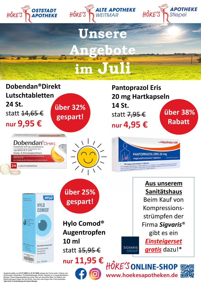 Sonderangebote Juli 2026 – Dobendan Direkt, Pantoprazol Eris und Hylo Comod zu Aktionspreisen Angebote Juli 2026: Dobendan Direkt Lutschtabletten, Pantoprazol Eris Hartkapseln und Hylo Comod Augentropfen im Sonderangebot