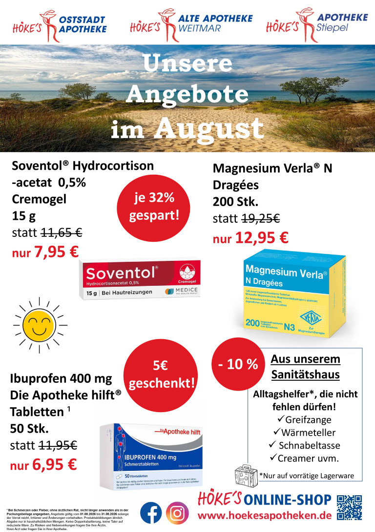 Angebote August 2026: Soventol Hydrocortison Cremogel, Magnesium Verla N Dragées, Ibuprofen 400 mg Tabletten, Sanitätshaus Alltagshelfer