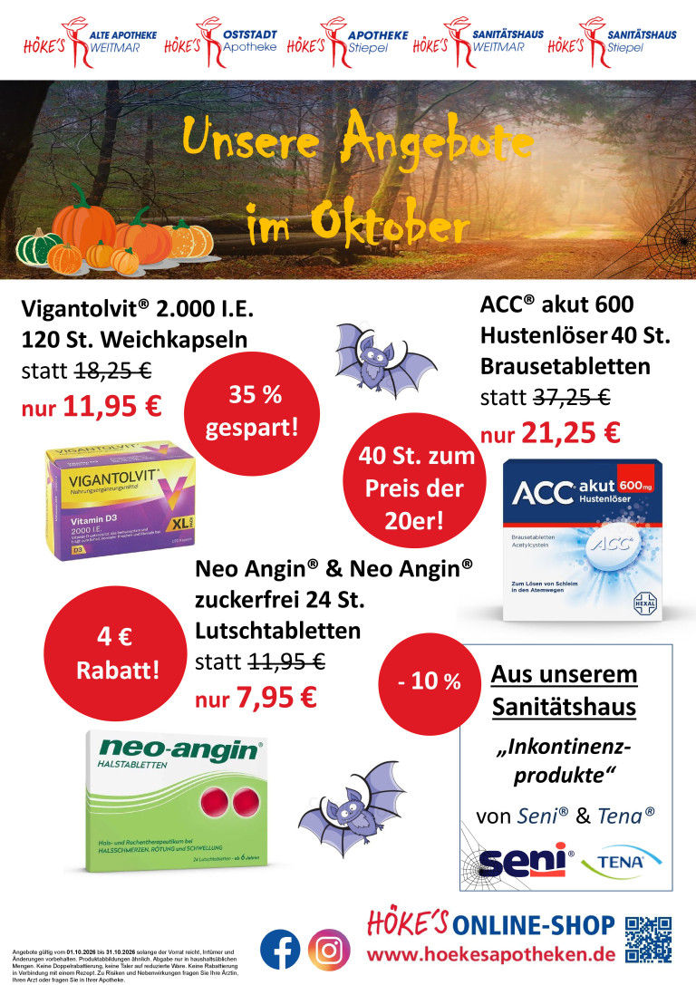 Apothekenangebote Oktober 2026 mit Vigantolvit, ACC akut, Neo Angin und Inkontinenzprodukten