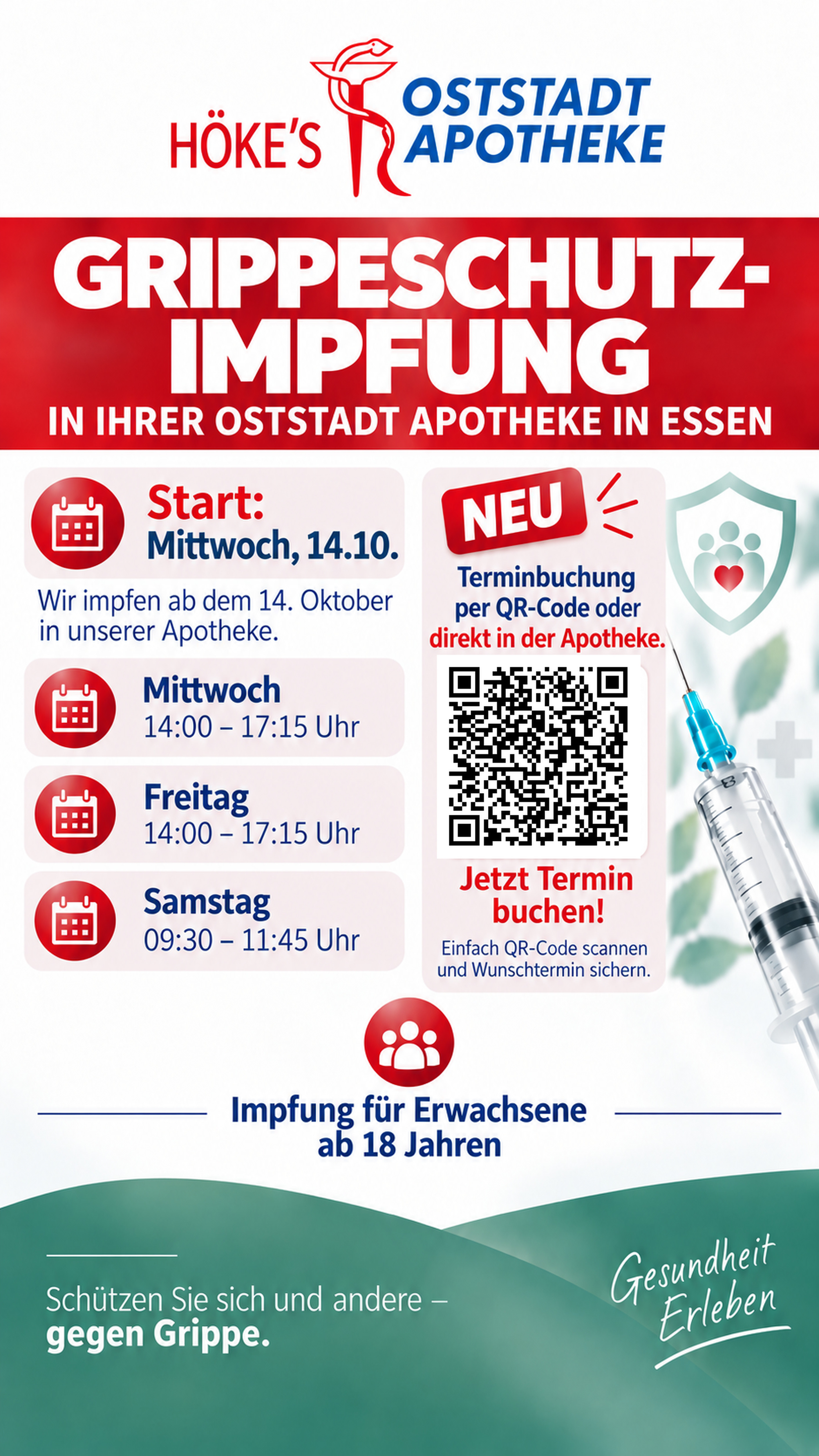 Informationsplakat zur Grippeschutzimpfung in der Oststadt Apotheke Essen, hochauflösend mit QR-Code zur Terminbuchung