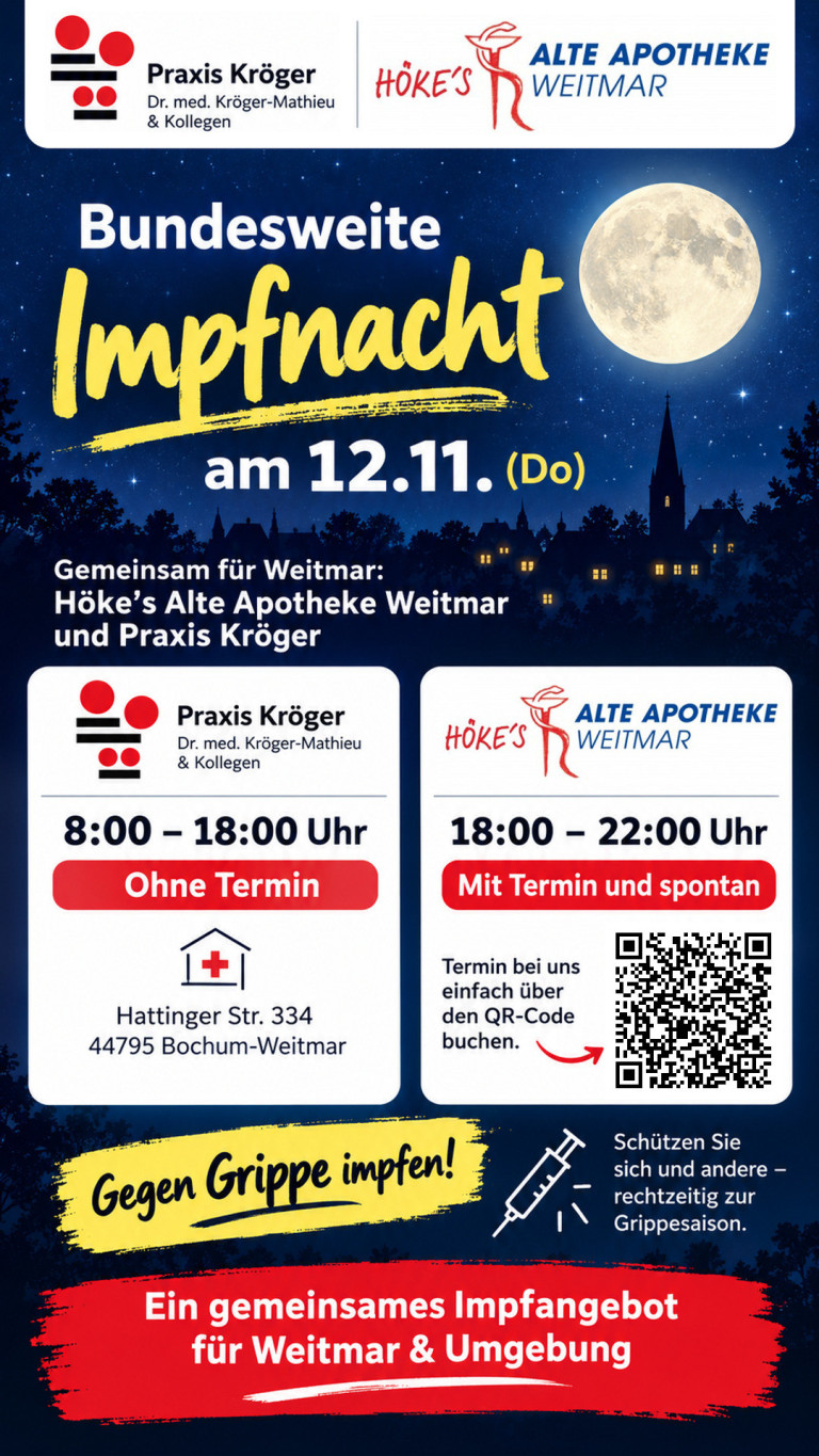 Plakat zur langen Nacht des Impfens in Höke's Alte Apotheke Weitmar und Praxis Kröger am 12.11. in Bochum-Weitmar