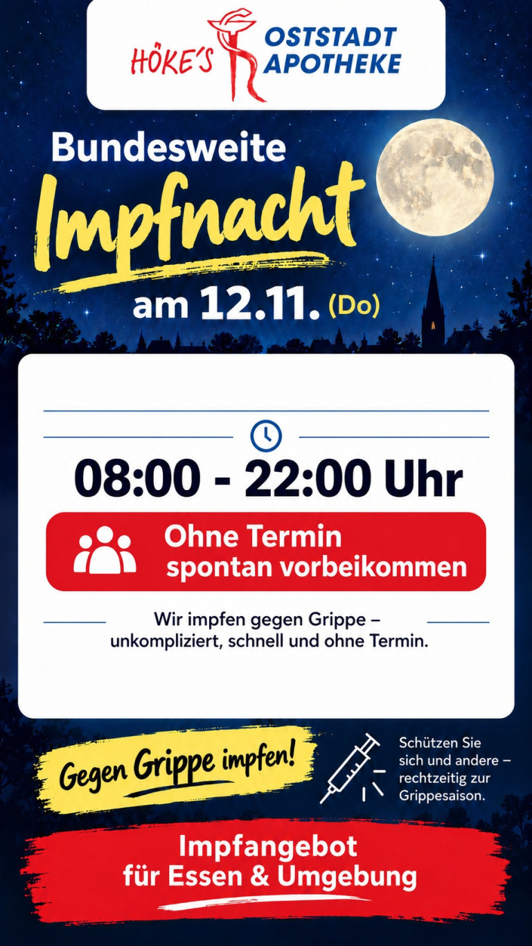 Plakat zur langen Nacht des Impfens am 12.11. mit Impfzeiten von 08:00 bis 22:00 Uhr, Grippeimpfung ohne Termin