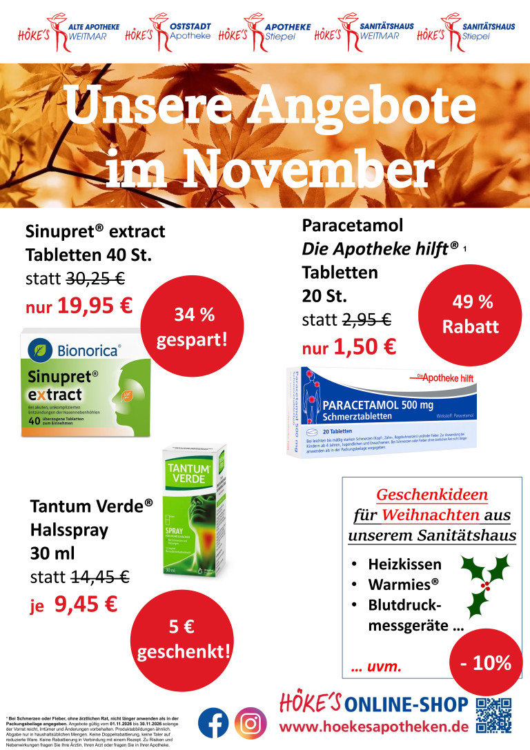 Angebote im November 2026: Sinupret extract Tabletten, Paracetamol Tabletten, Tantum Verde Halsspray und Geschenkideen für Weihnachten, hochauflösendes Angebotsbild einer Apotheke.