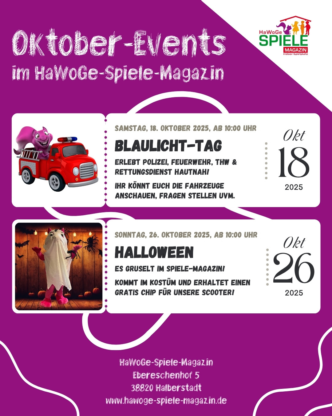 Ankündigung zum Blaulicht-Tag im HaWoGe-Spiele-Magazin am 18. Oktober 2025 mit Feuerwehr, Polizei, THW und Rettungsdienst