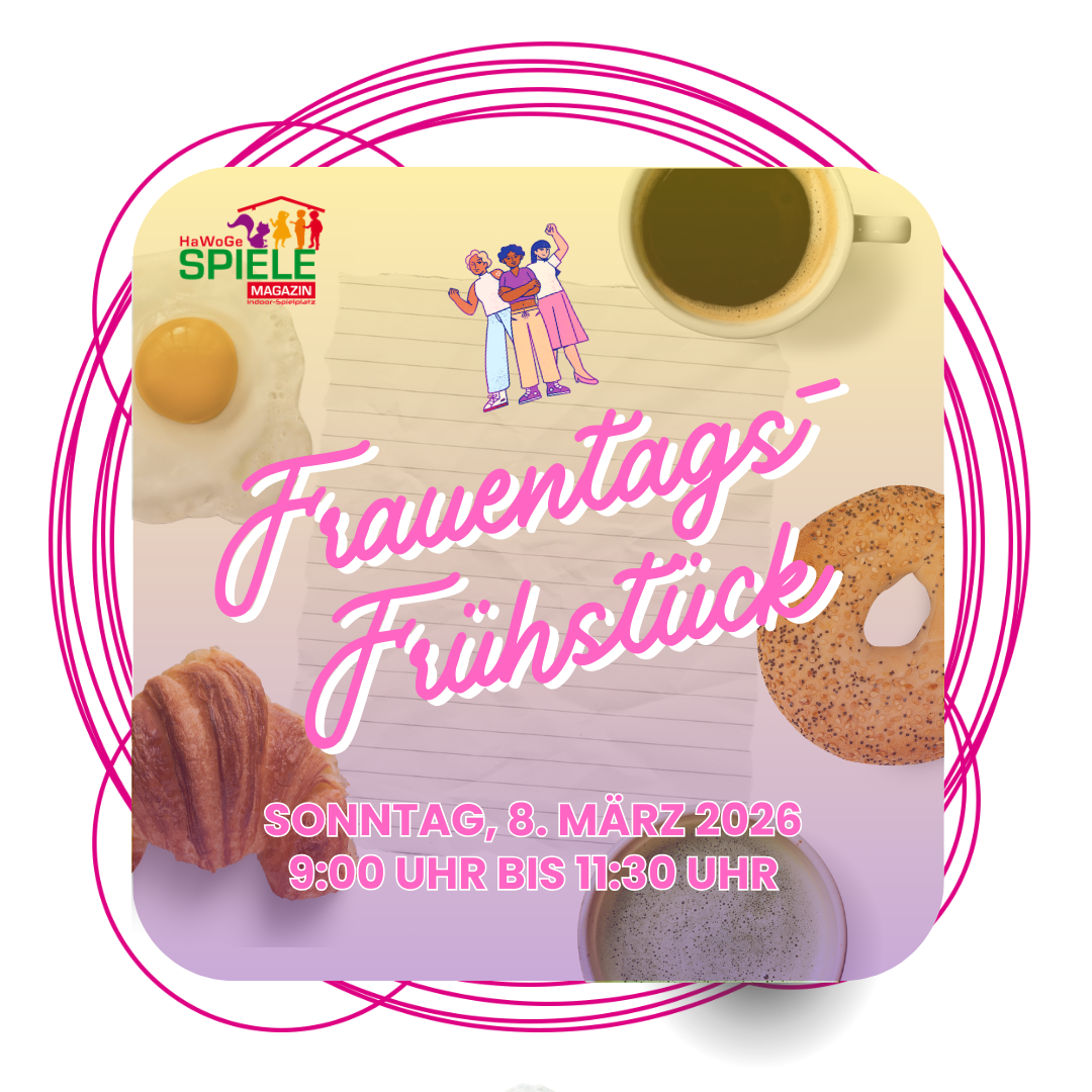 Einladung zum Frauentags-Frühstück am 8. März 2026 mit Kaffee, Gebäck und Ei, veranstaltet vom HaWoGe Spiele Magazin.
