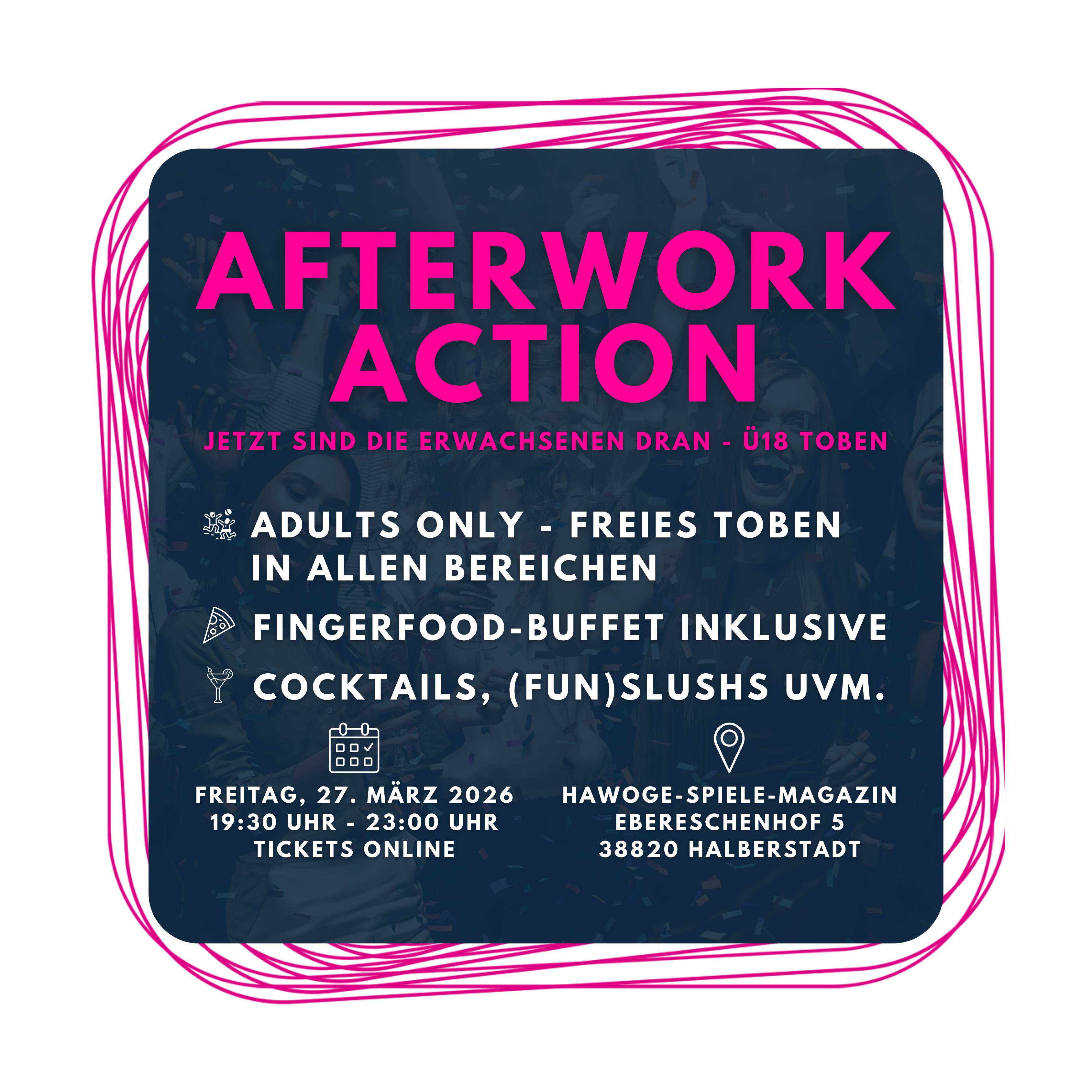 Afterwork Action Event am 27. März 2026 im Hawoge-Spiele-Magazin Halberstadt mit Fingerfood-Buffet und Cocktails
