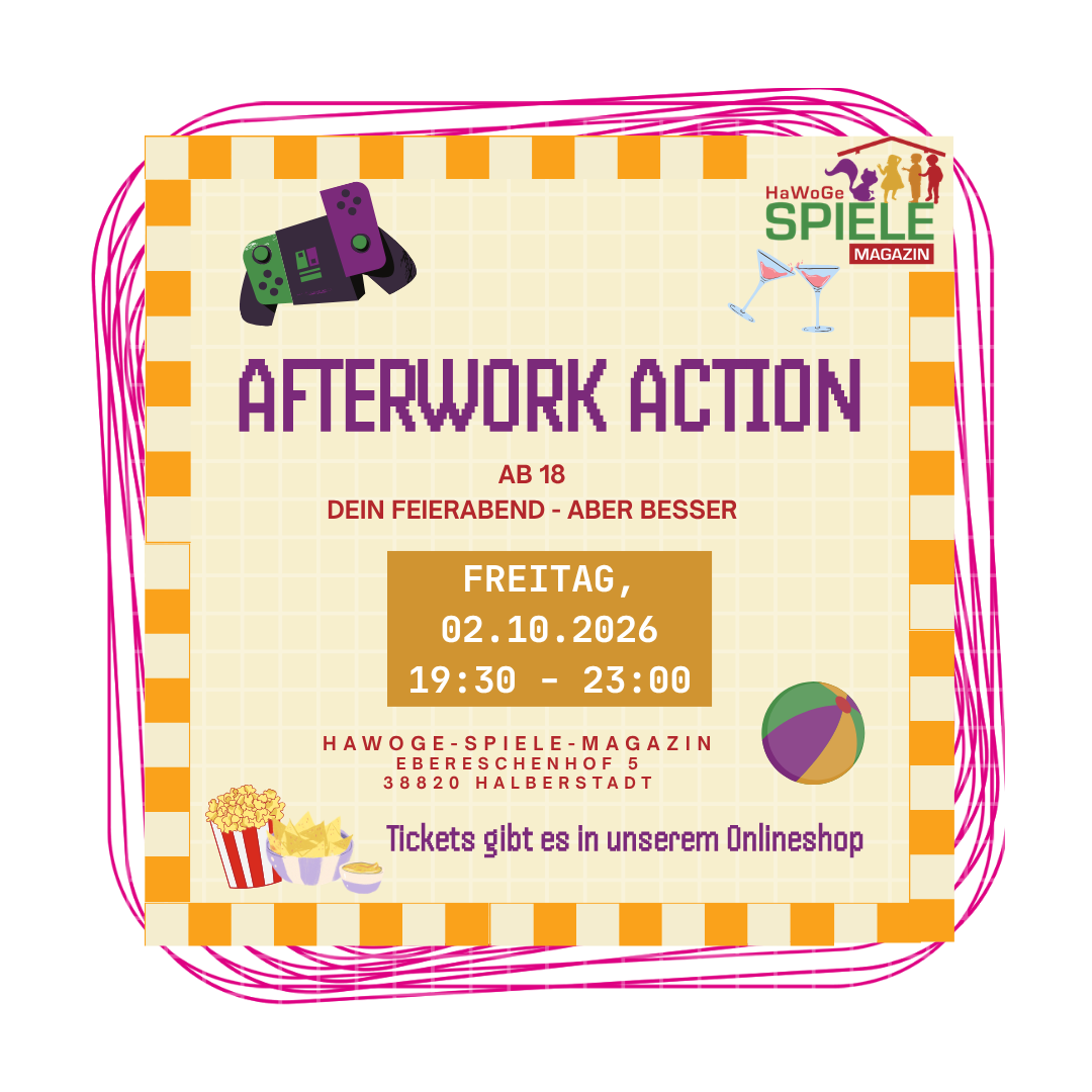 Afterwork Action Event am 02.10.2026 im HaWoGe-Spiele-Magazin Halberstadt, Feierabend-Event ab 18 Jahren mit Spielen und Snacks