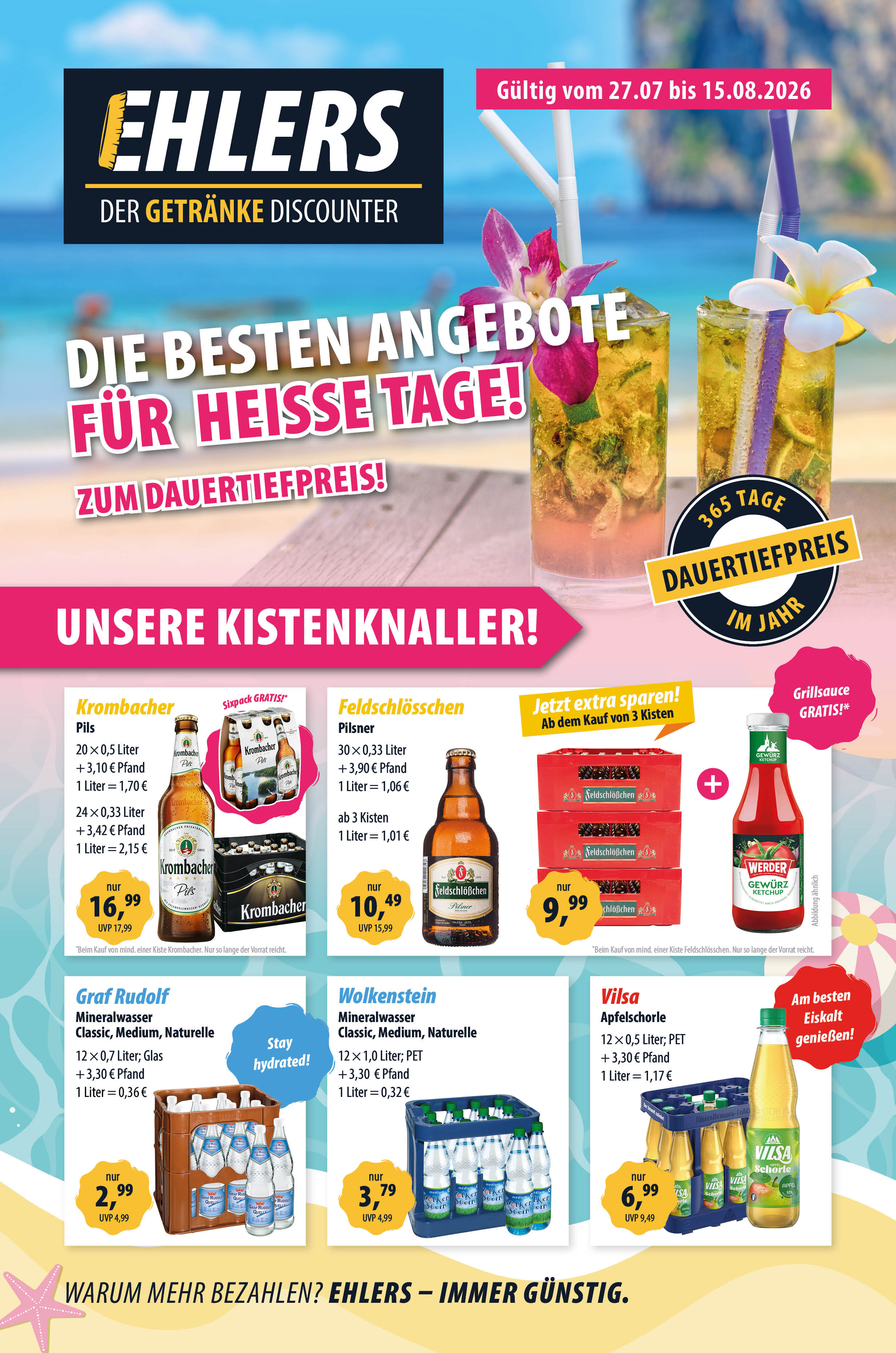 Juli Layoutzeitung Titel mit Sommerangeboten, Getränken und Kistenknaller-Aktionen
