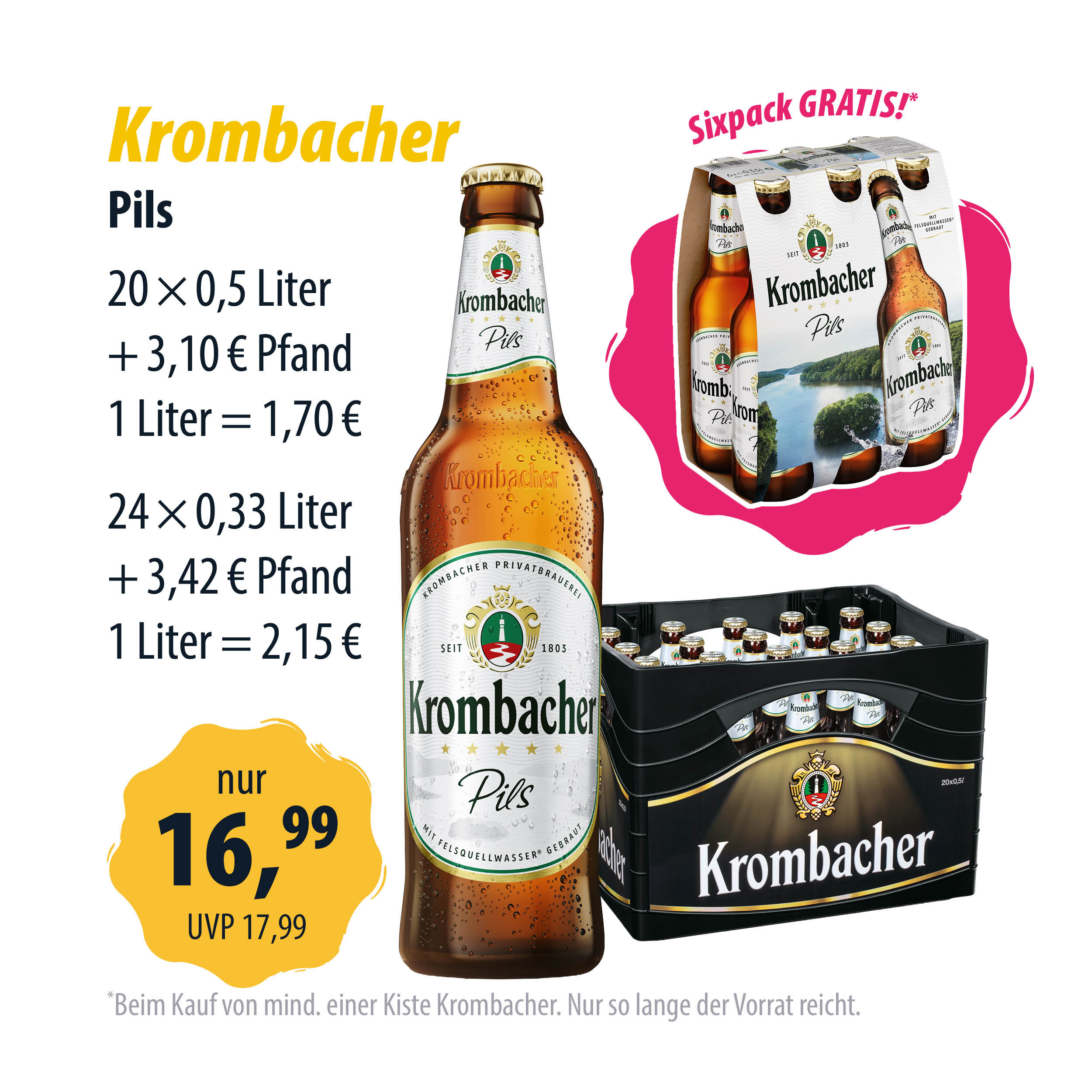 Krombacher Pils Angebot mit Kiste, Flasche und gratis Sixpack, Preis 16,99 Euro