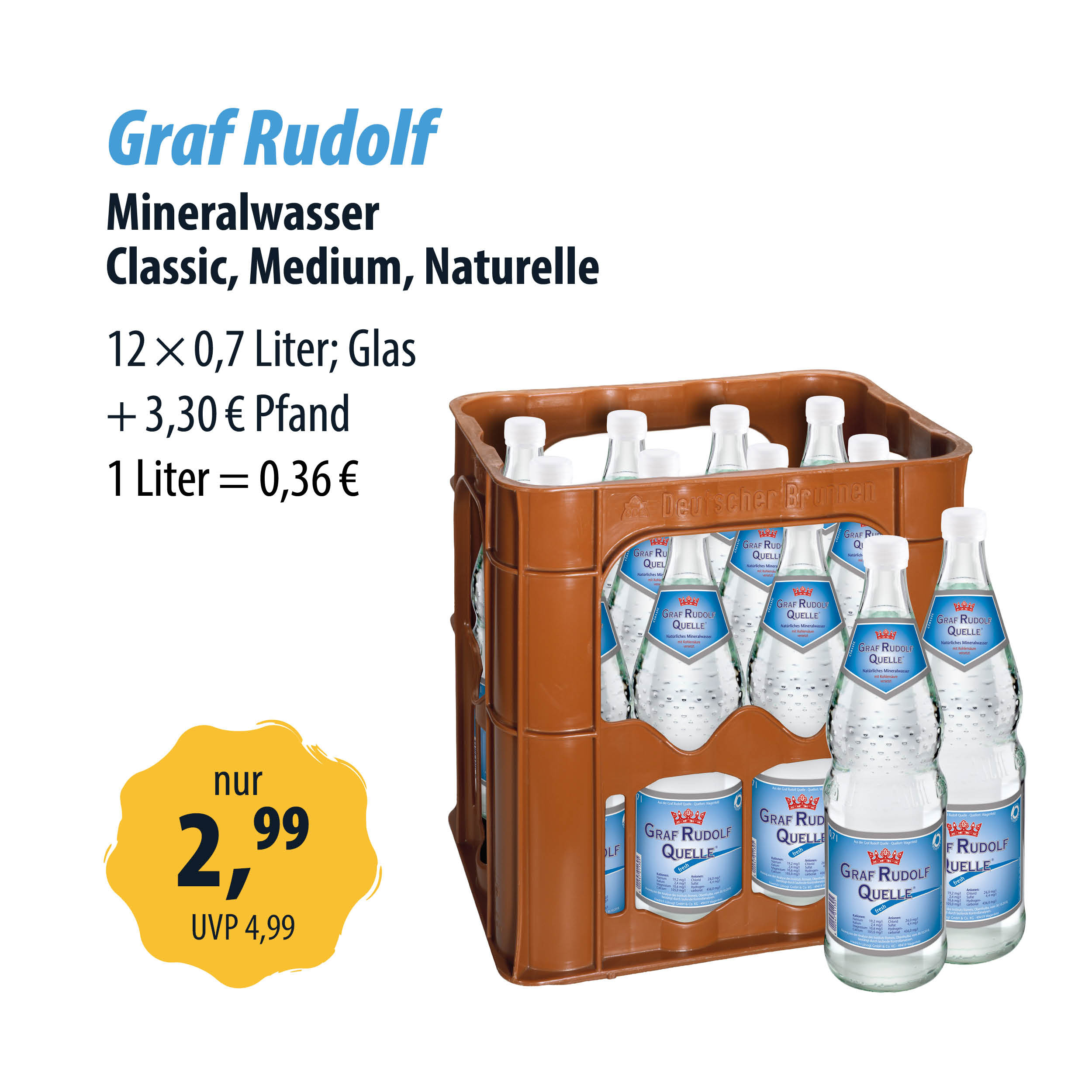 Angebot Graf Rudolf Mineralwasser im Kasten, 12 x 0,7 Liter Glasflaschen, Classic, Medium, Naturelle, nur 2,99 Euro