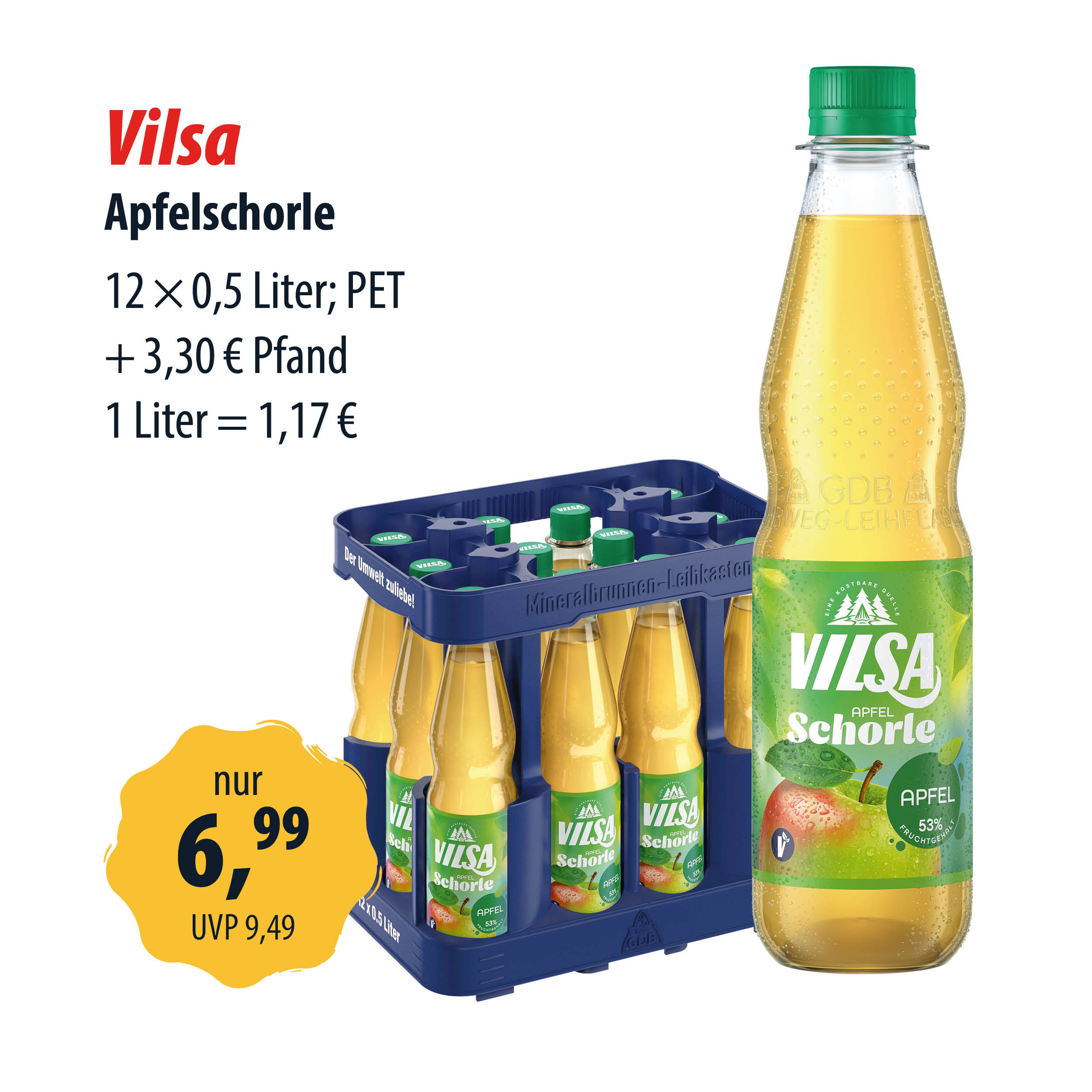 Vilsa Apfelschorle Angebot: 12 x 0,5 Liter PET-Flaschen im Kasten, Preis 6,99 Euro, Pfand 3,30 Euro