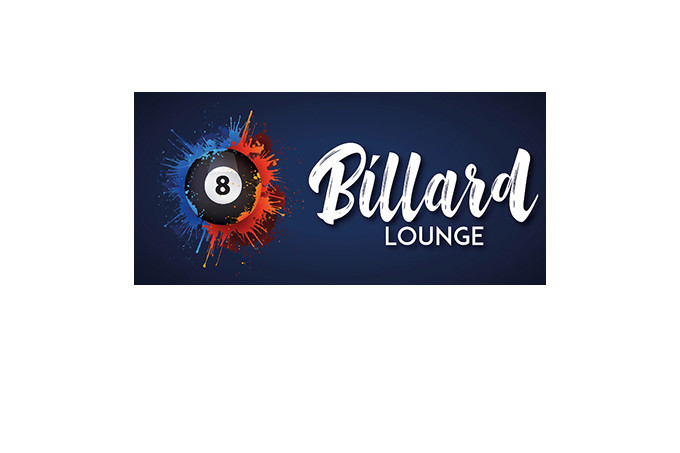Logo der Billard Lounge mit einer 8-Ball Billardkugel und farbigen Spritzern