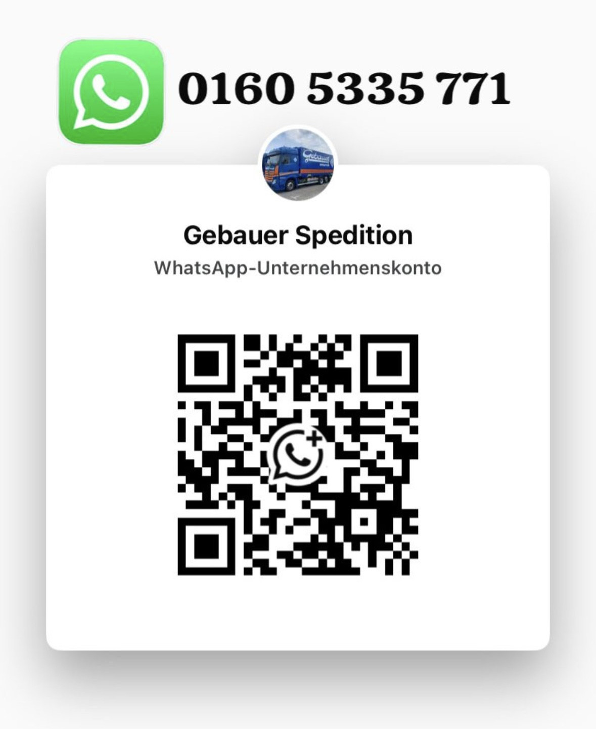 WhatsApp-Link und QR-Code für Gebauer Spedition WhatsApp-Unternehmenskonto