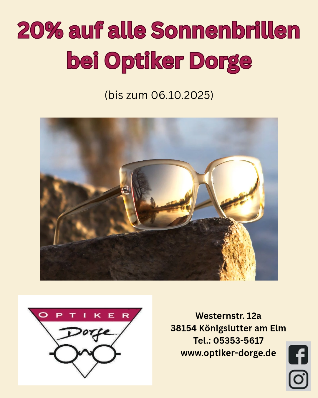 20% Rabatt auf Sonnenbrillen bei Optiker Dorge – Aktion bis 06.10.2025 in Königslutter 20% Rabatt auf alle Sonnenbrillen bei Optiker Dorge in Königslutter am Elm bis Oktober 2025
