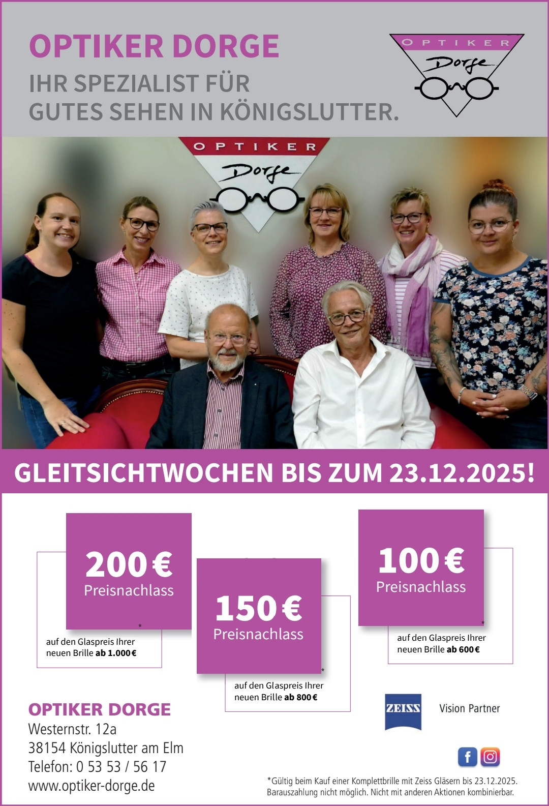 Team von Optiker Dorfe präsentiert die Gleitsichtwochen mit attraktiven Preisnachlässen bis zum 23.12.2025