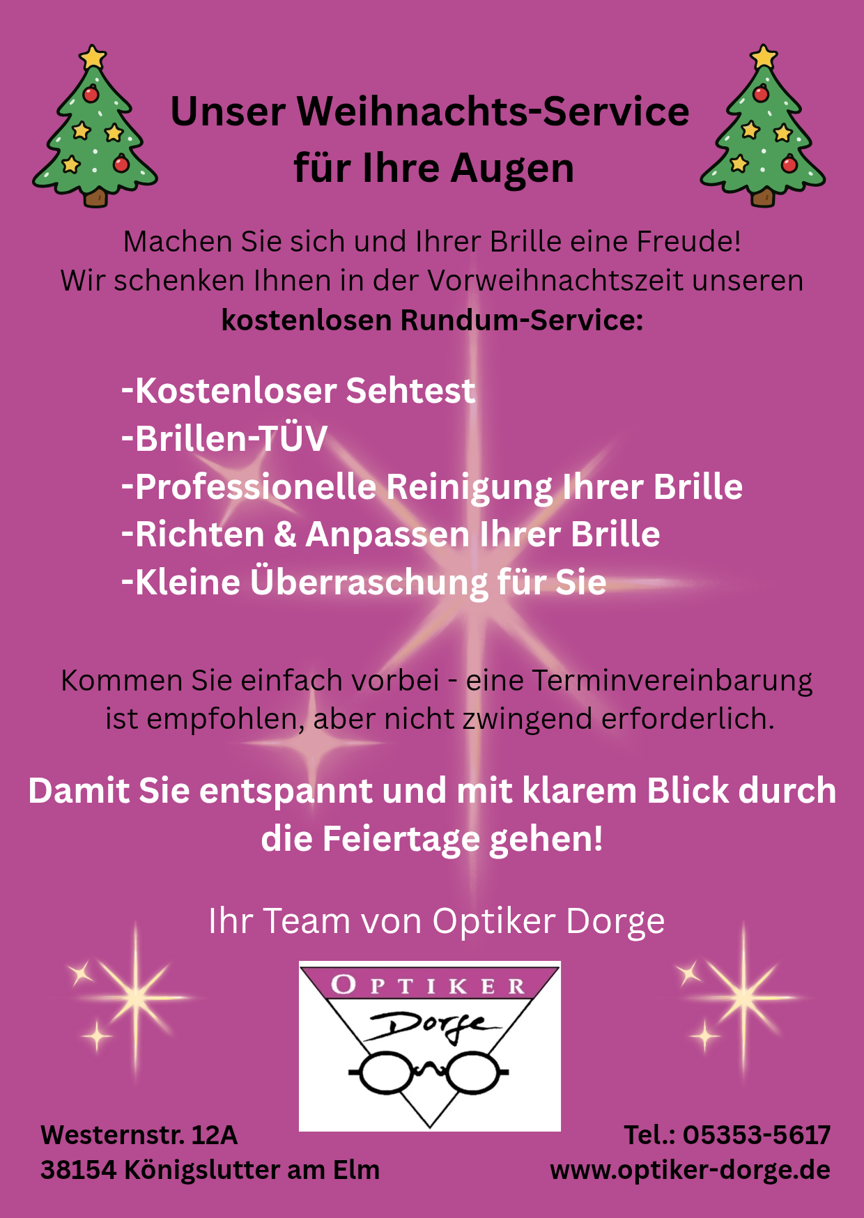 Weihnachtsservice-Angebot von Optiker Dorge mit kostenlosem Sehtest, Brillen-TÜV und Brillenreinigung in der Vorweihnachtszeit