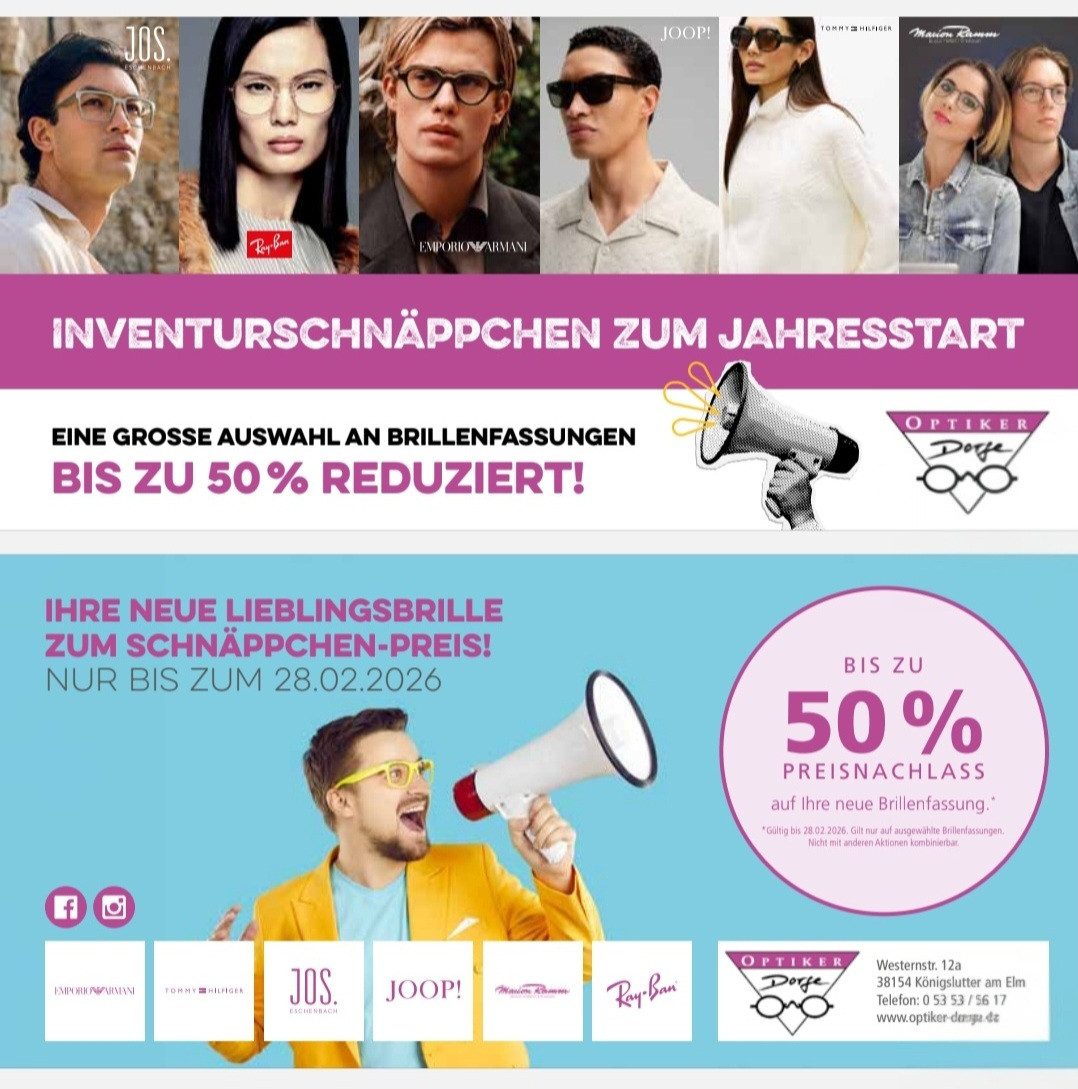 Werbebanner Optiker Demp mit Brillenmarken wie Ray-Ban, Joop und Emporio Armani, bis zu 50 Prozent Rabatt auf Brillenfassungen zum Jahresstart