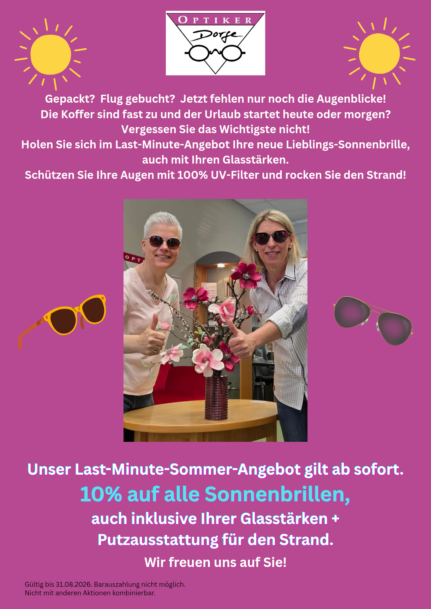Werbegrafik Last-Minute-Sommer-Angebot: Sonnenbrillen mit 10% Rabatt, zwei Personen mit Blumenstrauß, Sonnenbrillen-Illustrationen, Text zu Urlaub und UV-Schutz.