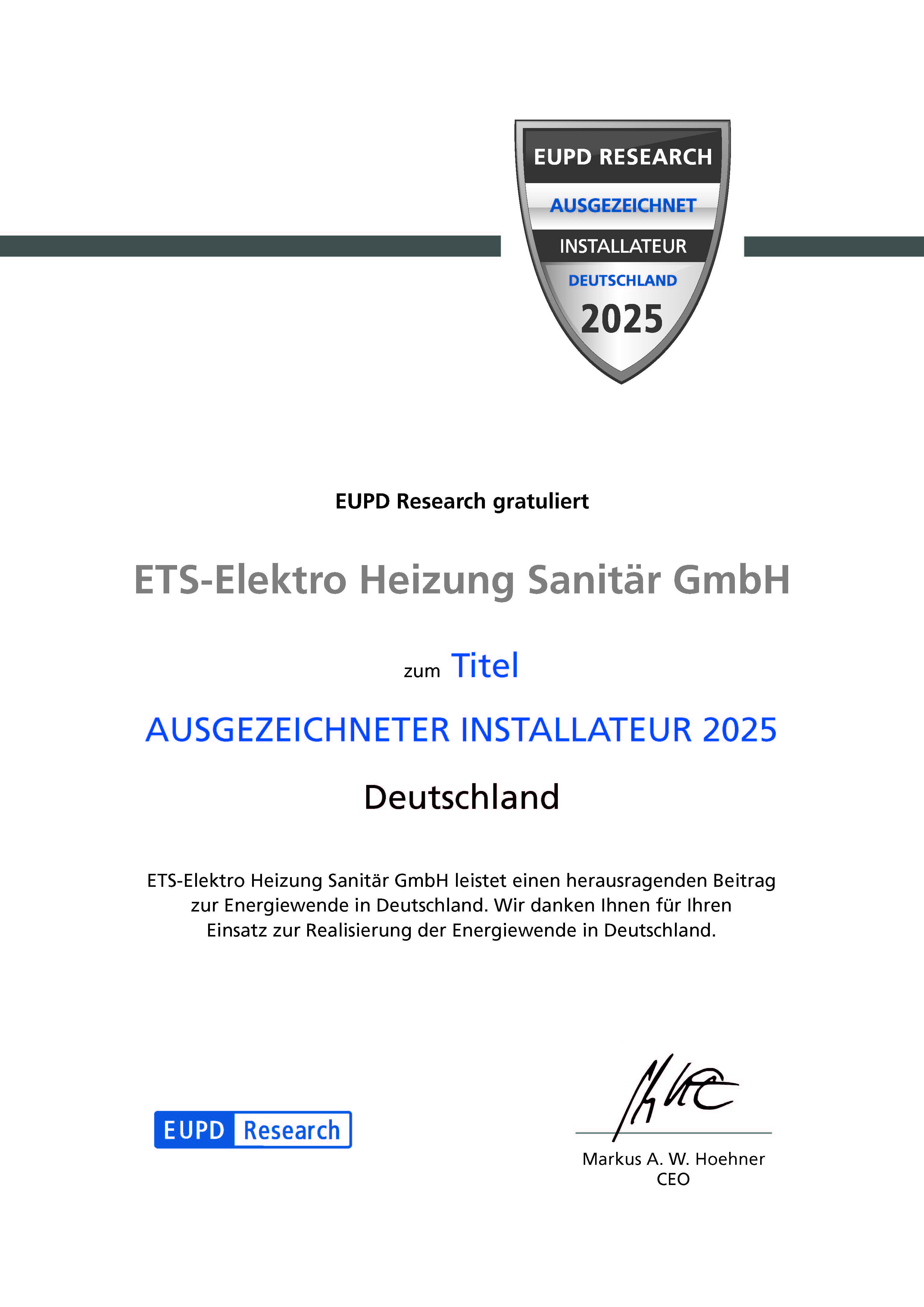 EUPD Research Zertifikat für ETS-Elektro Heizung Sanitär GmbH als ausgezeichneter Installateur 2025 in Deutschland