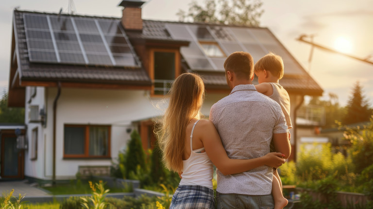 Familie vor Haus mit Solaranlage – nachhaltiges Wohnen und erneuerbare Energien Familie steht vor einem modernen Haus mit Solaranlage auf dem Dach im Sonnenlicht