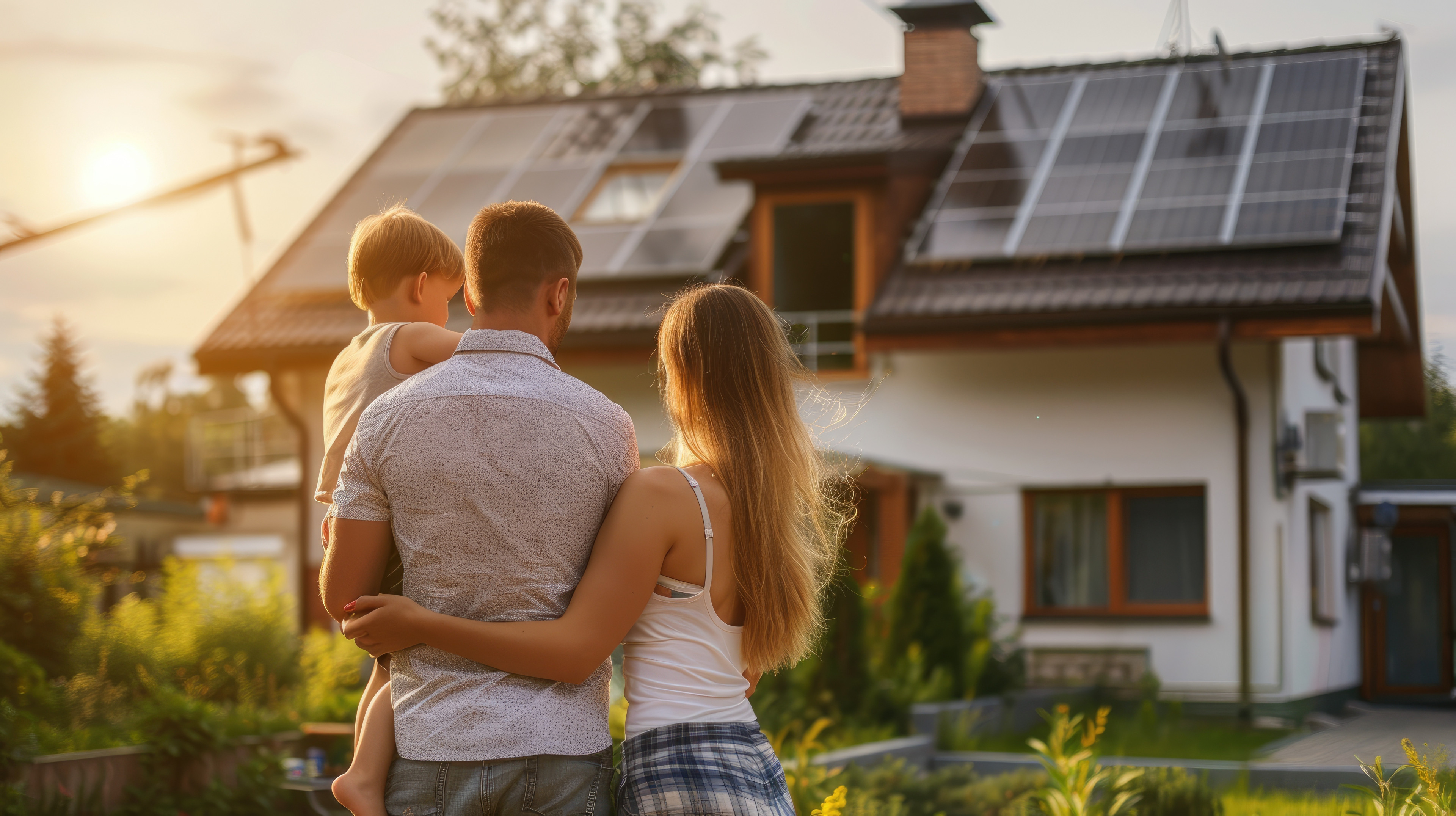 Familie steht vor einem modernen Haus mit Solaranlage auf dem Dach im Sonnenlicht