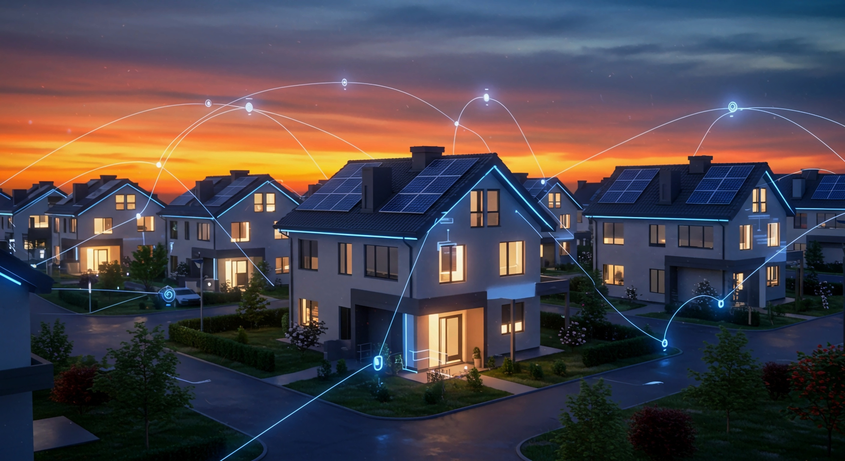 Smart Home mit Solaranlagen und vernetzter Technologie in einer modernen Wohnsiedlung bei Sonnenuntergang