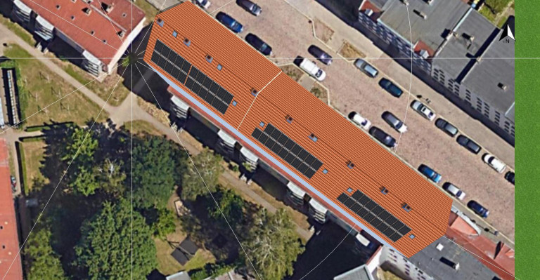 3D-Entwurf Solaranlage Photovoltaik auf dem Dach aus der Vogelperspektive 3D-Entwurf des Gebäudes mit Solaranlage Photovoltaik auf dem Dach, Vogelperspektive