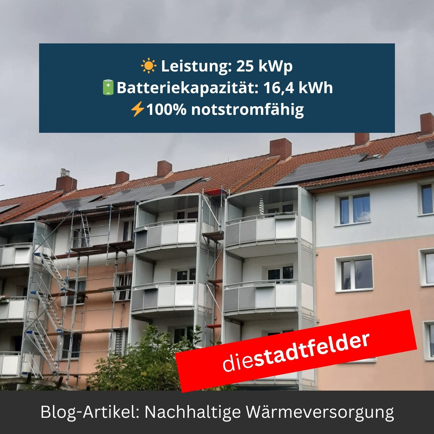 Photovoltaik-Anlage auf Mehrfamilienhaus in Magdeburg von die Stadtfelder 2024, nachhaltige Wärmeversorgung, 25 kWp Leistung, 16,4 kWh Batteriekapazität, 100% notstromfähig