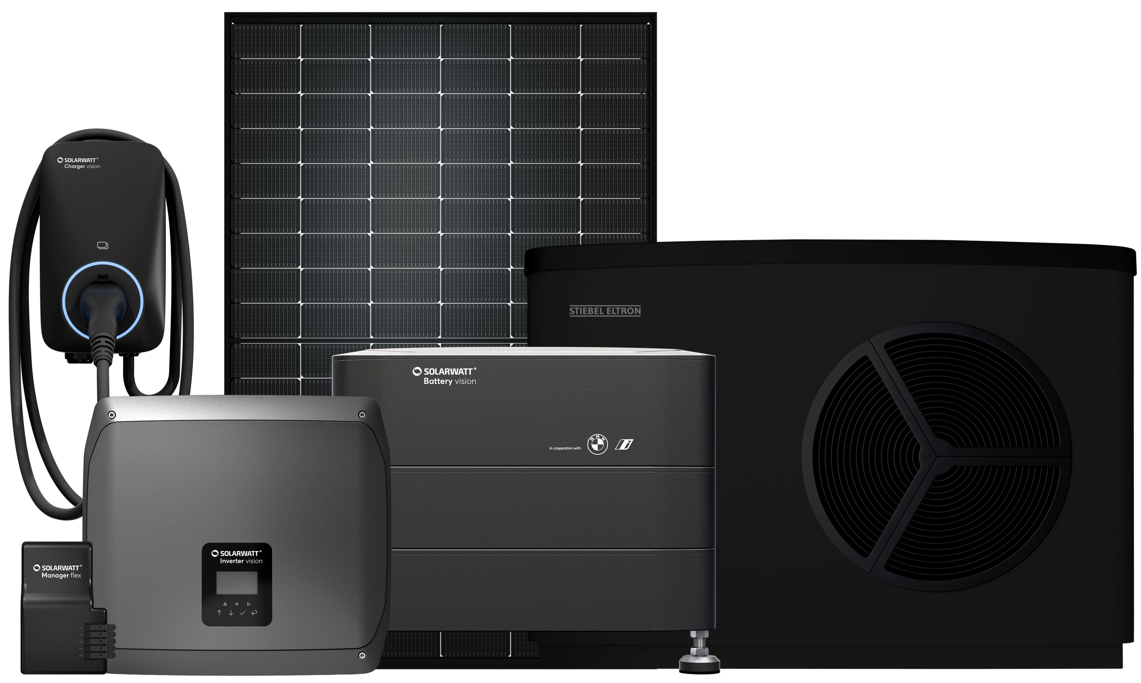 System mit Solarpanel, Solarwatt Battery Vision, Manager, Charger und Stiebel Eltron Wärmepumpe