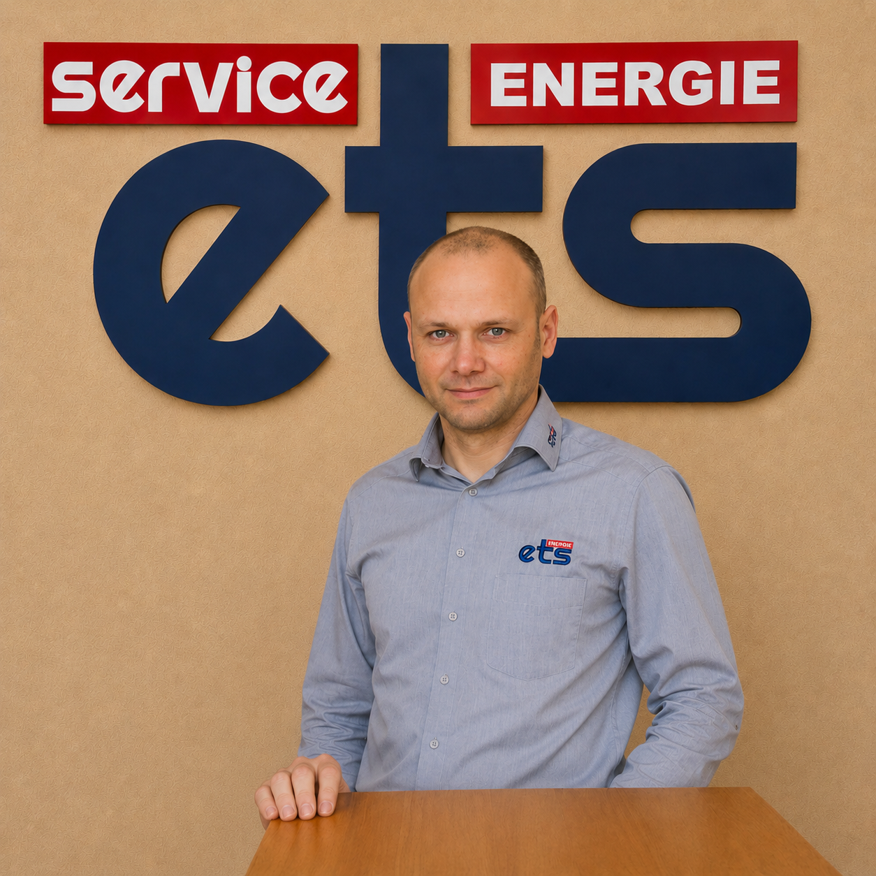 Mitarbeiter von ets Service Energie steht vor Firmenlogo