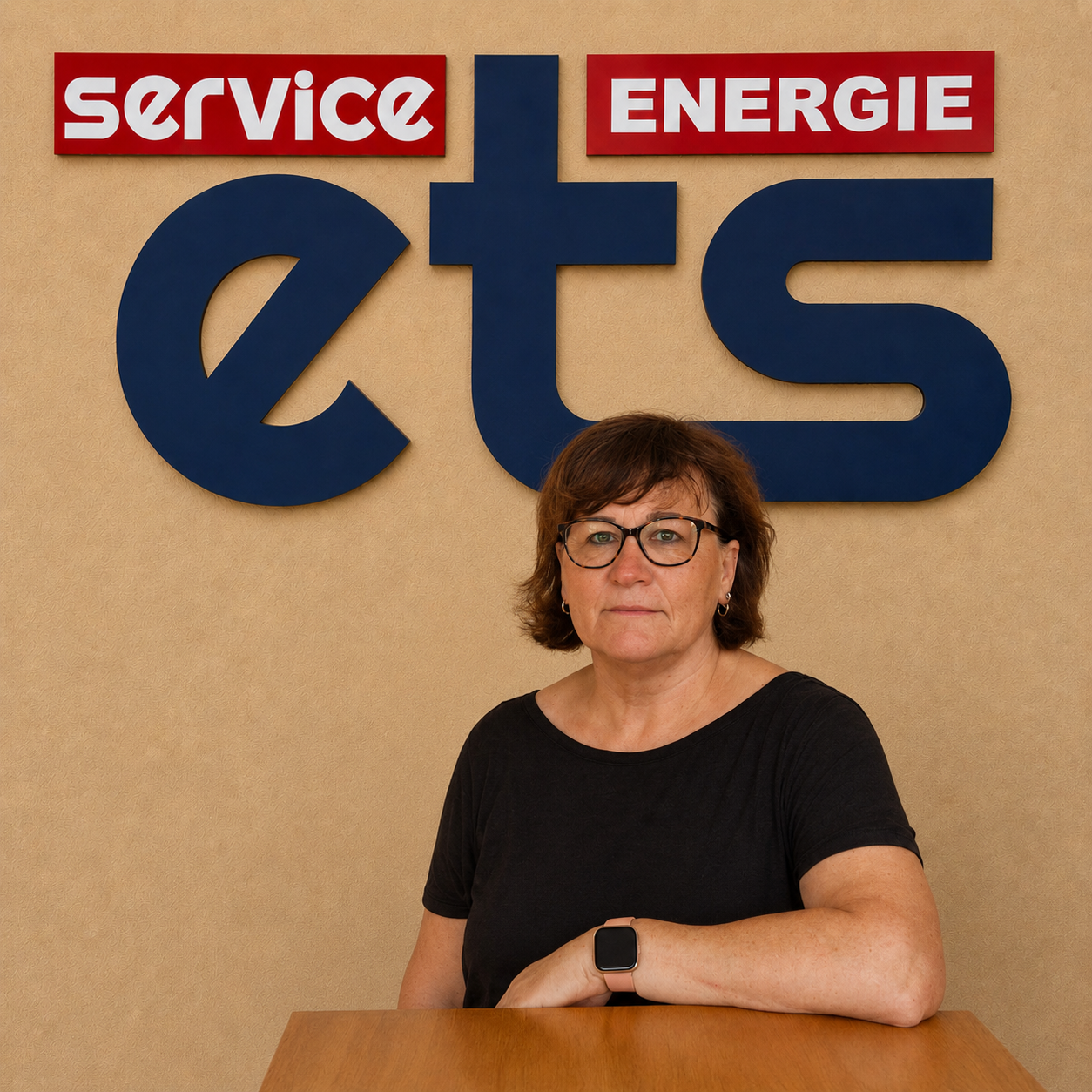 Mitarbeiterin vor ets Service Energie Logo