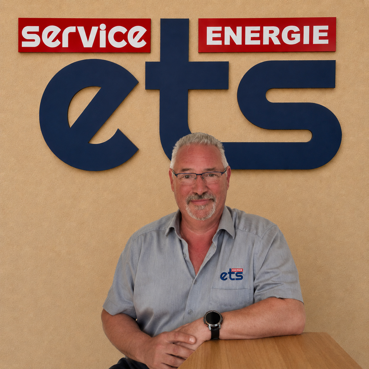 Mitarbeiter von ets Service Energie vor Firmenlogo