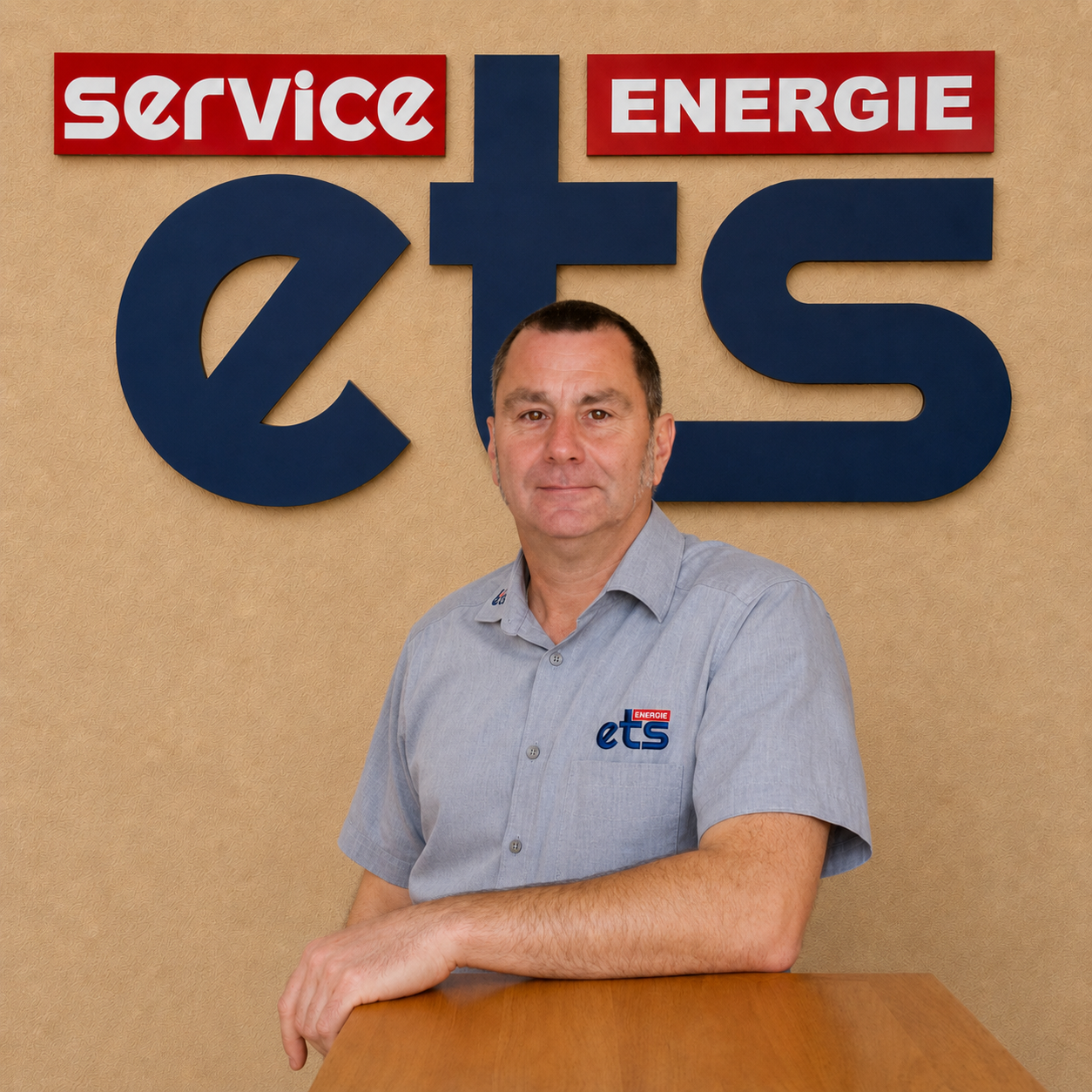 Mitarbeiter von ets Service Energie vor Firmenlogo