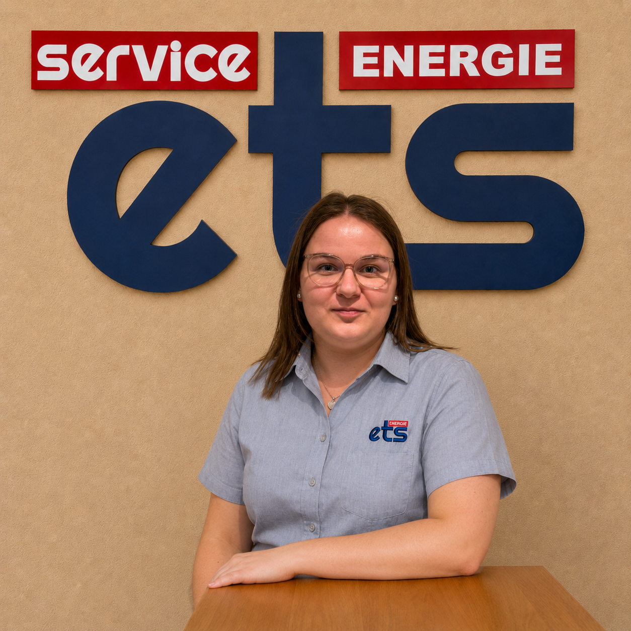 Mitarbeiterin von ets Service Energie sitzt vor Firmenlogo