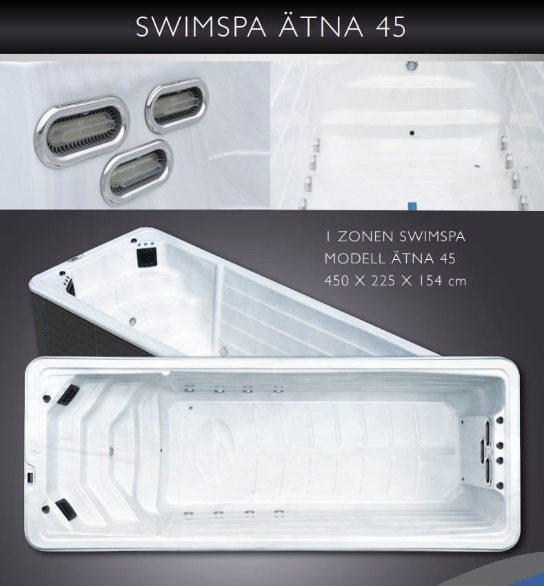 Swimspa Ätna 45 – moderner 1-Zonen Swimspa, Modell Ätna 45, 450 x 225 x 154 cm, weiße Whirlpoolwanne mit Düsen