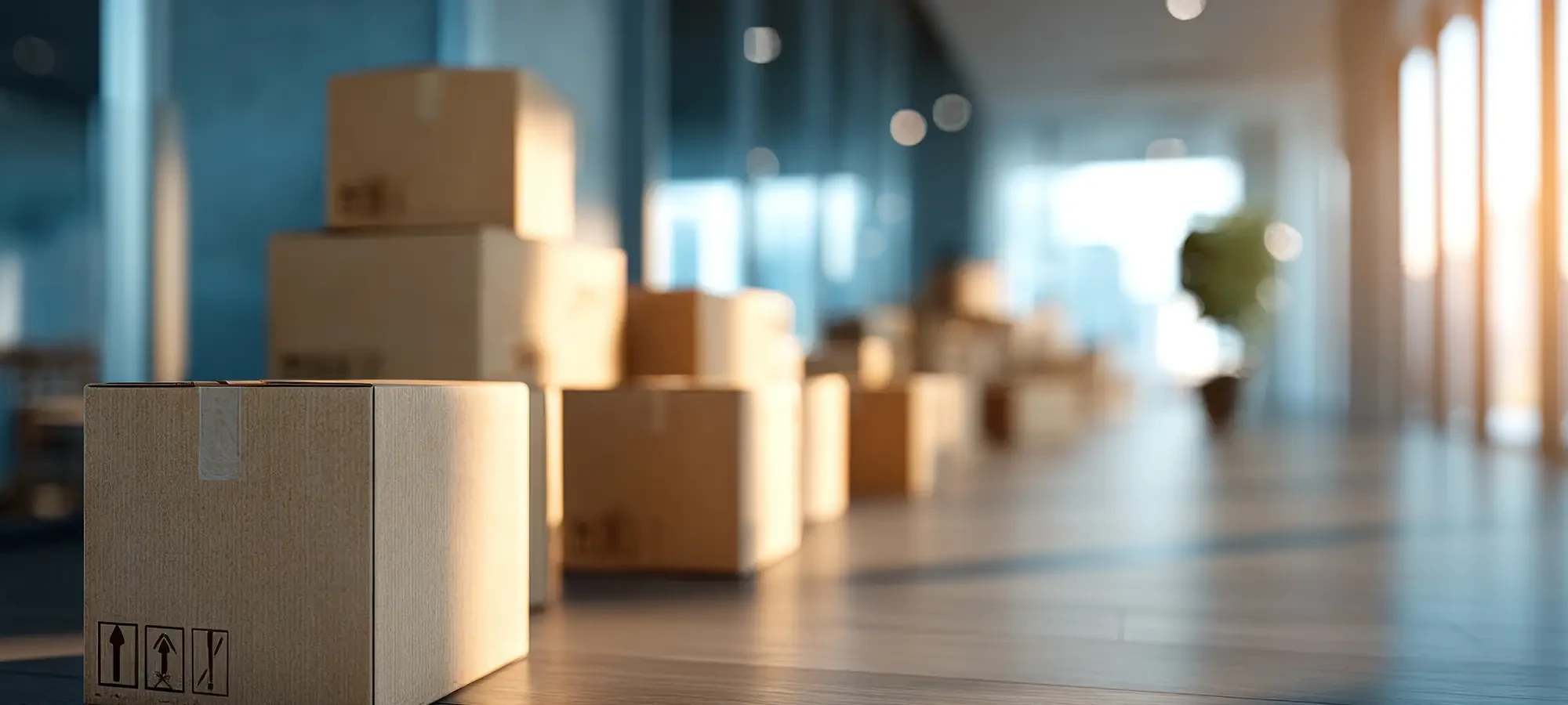 Mehrere Umzugskartons in einem modernen Bürogebäude – Symbolbild für Umzug