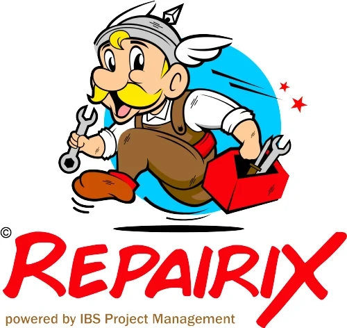 Logo von Repairix mit Comic-Handwerker und Werkzeugkiste