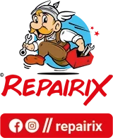 Repairix Logo mit Comic-Handwerker und Werkzeugkoffer