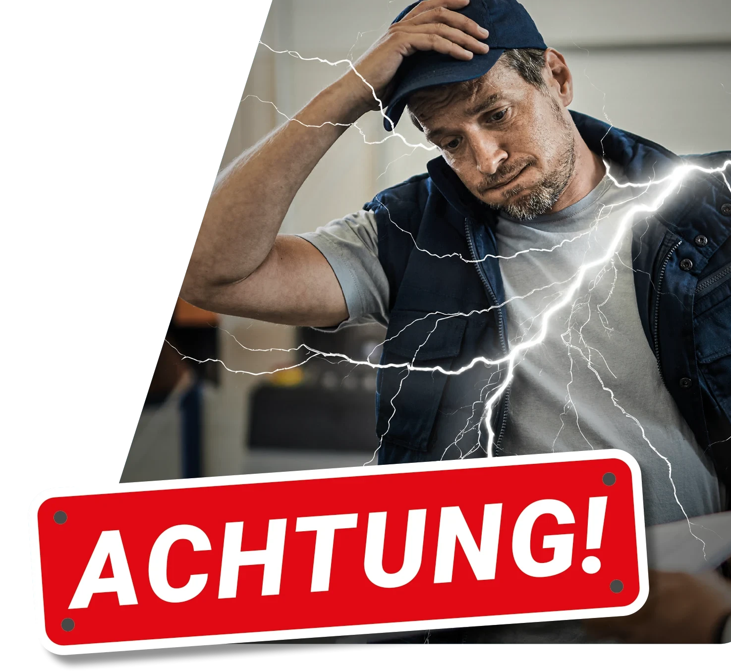 Warnhinweis E-Check: Gefahr durch Stromschlag – Mann mit Schutzweste, Blitz und Achtung-Schild