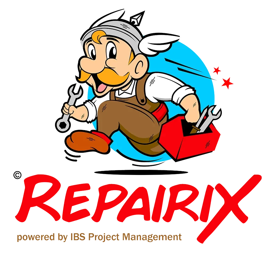 Repairix Logo – Comic-Handwerker, Werkzeugkoffer und IBS Project Management Repairix Logo mit Comic-Handwerker und Werkzeugkoffer, powered by IBS Project Management