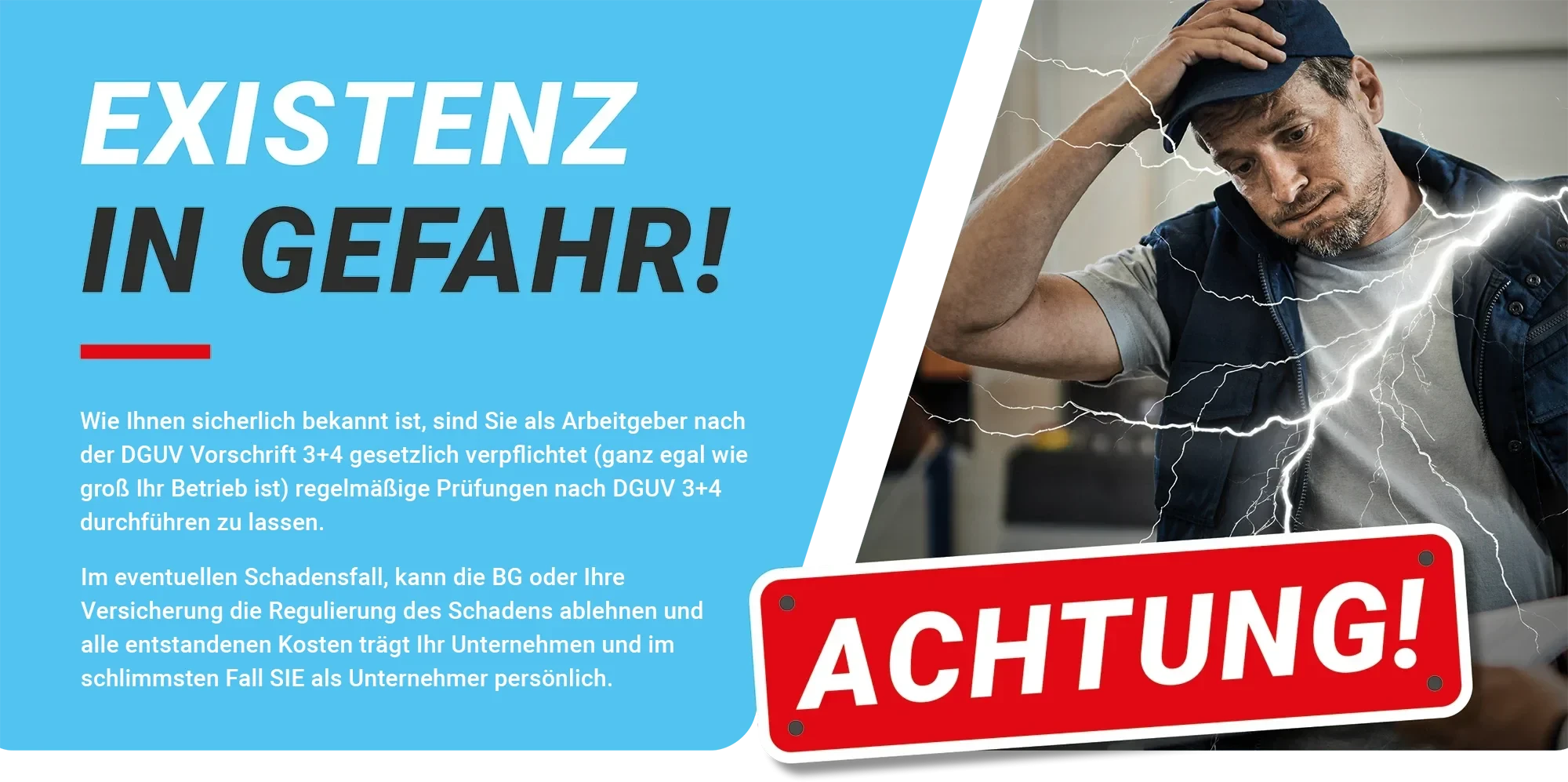 Warnhinweis zur E-Check Prüfung mit Text zu Gefahren und DGUV 3+4, Symbolbild Stromschlag und Achtung-Schild