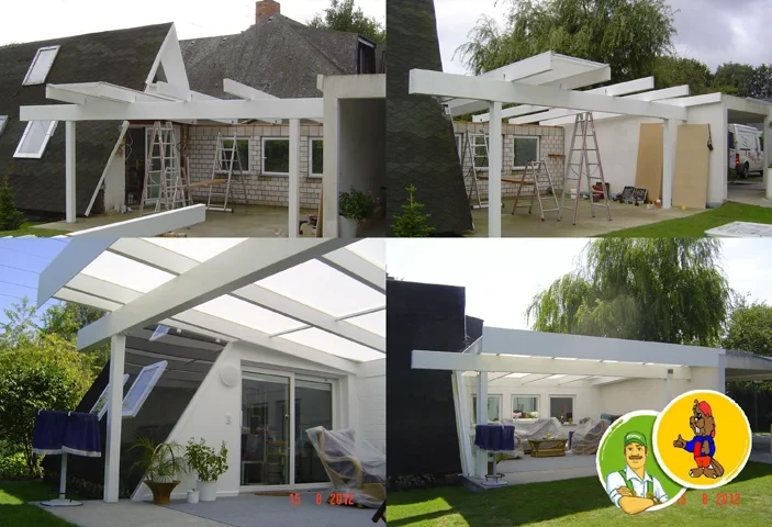Collage von Bauphasen einer modernen weißen Terrassenüberdachung an einem Einfamilienhaus