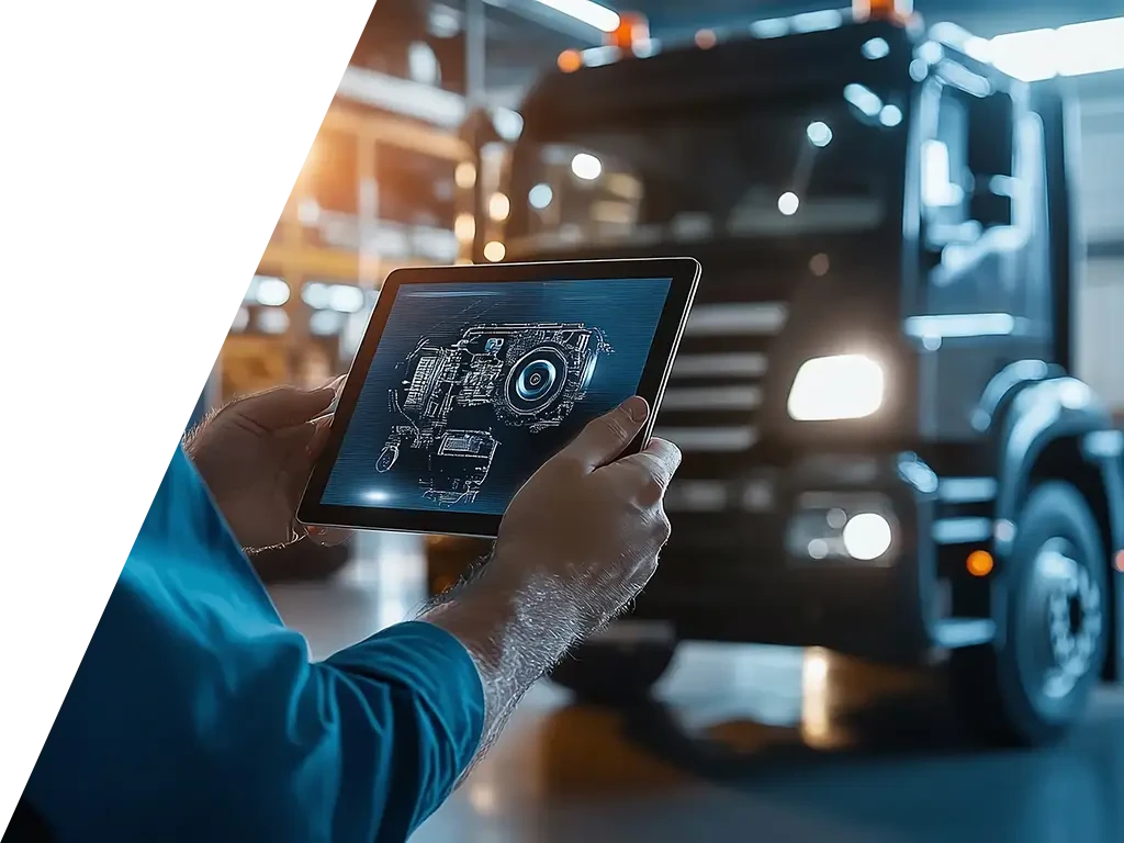 Digitale Lkw-Diagnose und moderne Fahrzeugtechnik in der Werkstatt Digitale Lkw-Diagnose mit Tablet in moderner Werkstatt