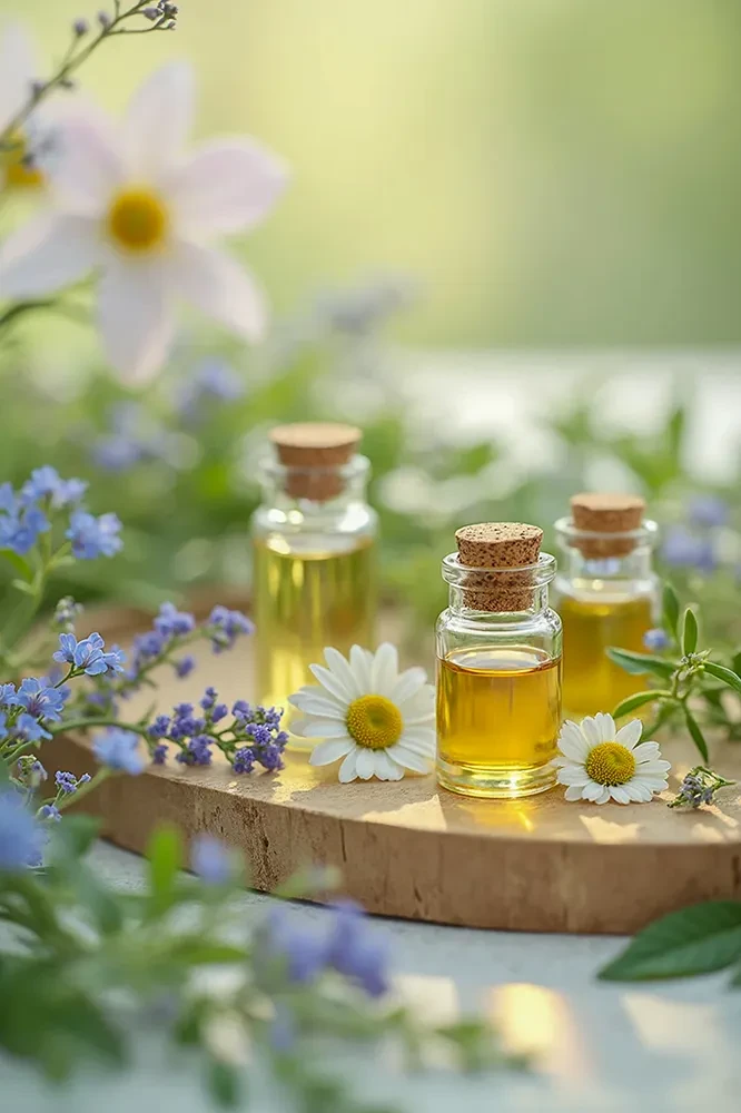 contentbild-05: Fläschchen mit ätherischem Öl und Kamillenblüten auf Holzplatte im Garten