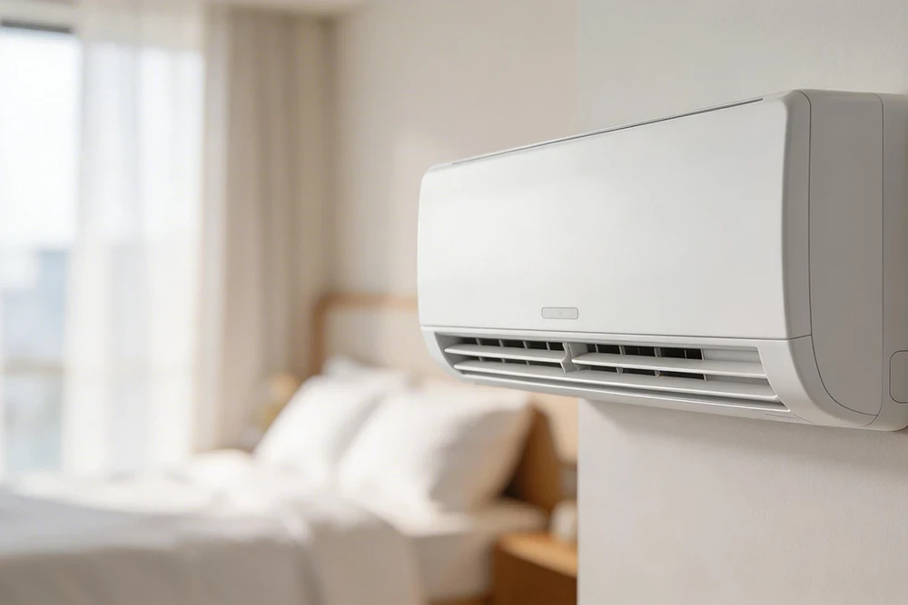 Moderne Gewerbeklimaanlage an der Wand in einem hellen Hotelzimmer