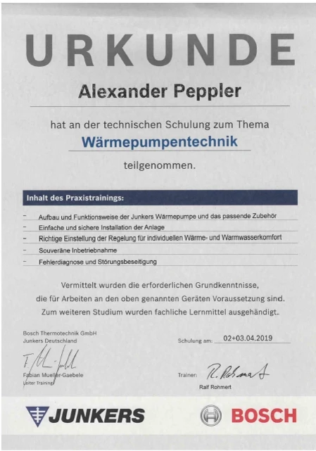 Urkunde für Alexander Peppler zur Teilnahme an der technischen Schulung Wärmepumpentechnik von Junkers Deutschland