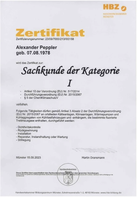 Zertifikat Sachkunde der Kategorie I für Alexander Peppler, ausgestellt in Münster am 15.09.2023